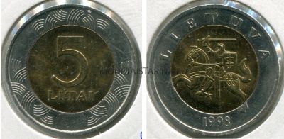 Монета 5 лит 1998 года. Литва