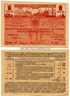 Билет седьмой всесоюзной лотереи  ОСОАВИАХИМА 1 рубль 1932 года.