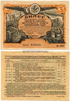 Билет Всесоюзной лотереи имени III пленума Центрального совета ОСОАВИАХИМА 3 рубля 1932 года.