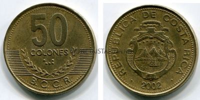 Монета 50 колонов 2002 года. Коста-Рика