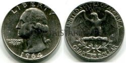 Монета серебряная 25 центов 1964 года. США
