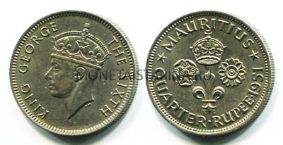 Монета 1/4 рупии 1951 год Маврикий