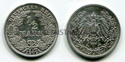 Монета серебряная 1/2 марки 1909 года Германия