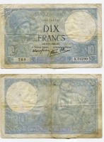 Банкнота 10 франков 1939 год. Франция Минерва