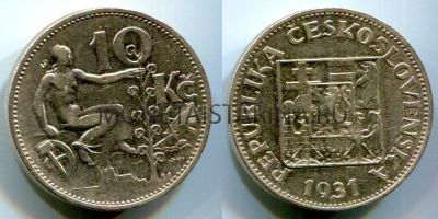 Монета серебряная 10 крон 1931 года Чехословакия
