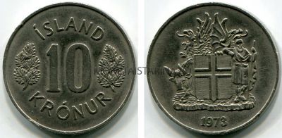 Монета 10 крон 1973 года. Исландия