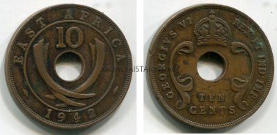 Монета 10 центов 1942 года. Восточная Африка  (Великобритания)