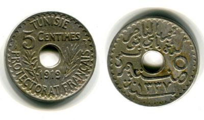 Монета 5 сентимов 1919 год Тунис