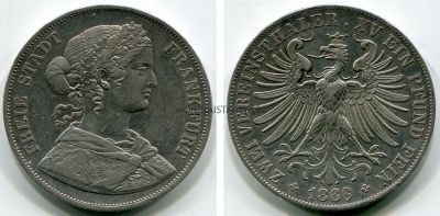 Монета серебряная 2 талера 1866 года. Франкфурт (Германия)