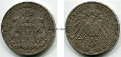Монета серебряная 5 марок 1907 года. Германия (Гамбург)
