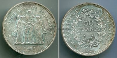Монета серебряная 50 франков 1974 года. Франция