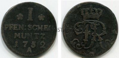 Монета 1 пфенниг 1752 года. Пруссия (Германия)