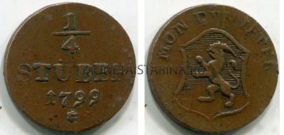 Монета 1/4 стюбера 1799 года. Йевер (Германия). Чеканка с разрешения Павла I.