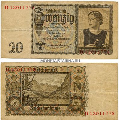Банкнота 20 рейхсмарок 1939 года. Германия