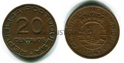 Монета 20 сентаво 1941 год Мозамбик