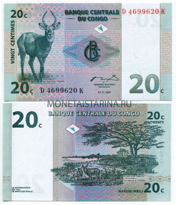 Банкнота 20 сантимов 1997 года ДР Конго