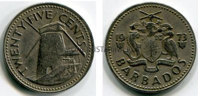 Монета 25 центов 1973 года. Барбадос