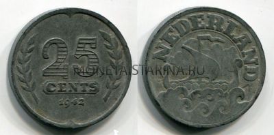 Монета 25 центов 1942 год Нидерланды