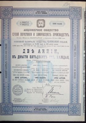 Две акции (в 250 рублей каждая) Акционерного общества сухой перегонки и химических производств 1899 года.
