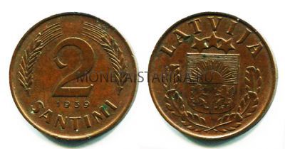 Монета 2 сантима 1939 года Латвия