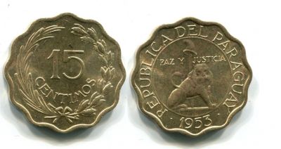 Монета 15 сентимос 1953 год Парагвай