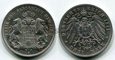 Монета серебряная 3 марки 1911 года Германия (Гамбург)