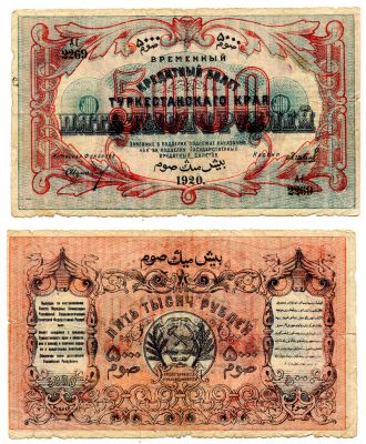 Банкнота (бона) 5000 рублей 1920 год Туркестанский край