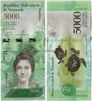 Банкнота 5000 боливаров 2017 года. Венесуэла