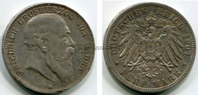 Монета 5 марок 1907 год Германия (Баден)