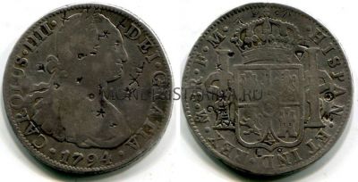 Монета серебряная 8 реалов 1794 года с китайскими символами. Мексика (Испания)