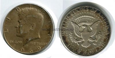 №252  Монета серебряная 50 центов 1969 года США