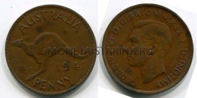 Монета 1 пенни 1941 года Австралия