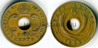 Монета 5 центов 1943 год Британская Восточная Африка