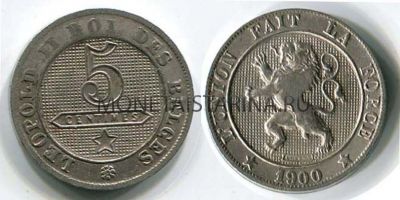 Монета 5 сентимов 1900 год Бельгия
