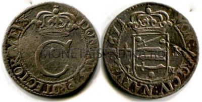 Монета серебряная 4 эре 1671 года. Эстония (Ливония)