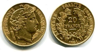 Монета золотая 20 франков 1851 года Франция