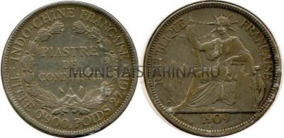 Монета 1 пиастр 1909 Французский Индо-Китай