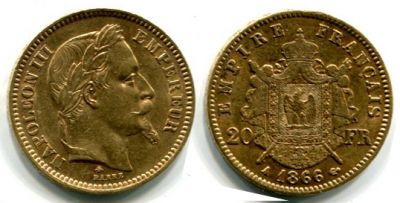 Монета золотая 20 франков 1866 года Франция