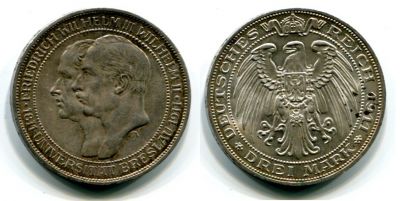 Монета серебряная 3 марки 1911 года Германия