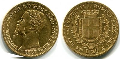 Монета 20 лир 1857 год Сардиния (Италия)
