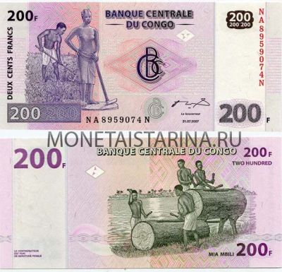 Банкнота 200 франков 2007 года ДР Конго