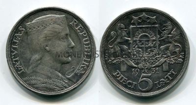 Монета серебряная 5 лат 1931 года Латвия