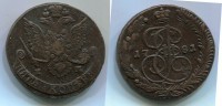 Монета медная 5 копеек 1781 года. Императрица Екатерина II