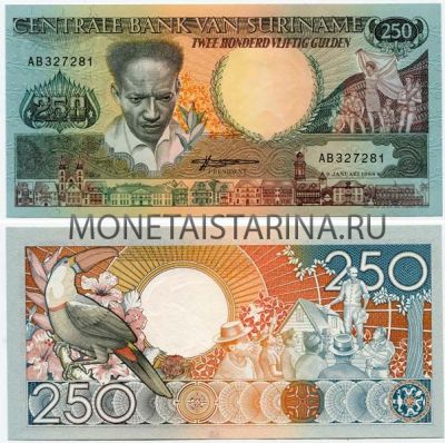 Банкнота 250 гульденов 1988 год Суринам