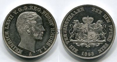 Монета серебряная 1 талер 1858 года Княжество Рейс-Шлейц