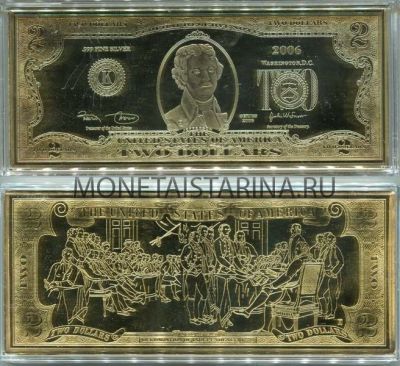 Подарочная банкнота из серебра с позолотой 2 доллара 2006 год США