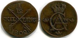 Монета медная 1/12 скиллинга 1802 года. Швеция.