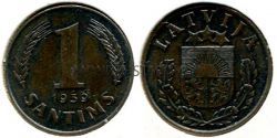 Монета 1 сантим 1939 года Латвия