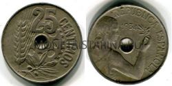Монета 25 сантимов 1934 года. Испания.