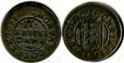 Монета серебряная 2 скиллинга 1677 года. Дания